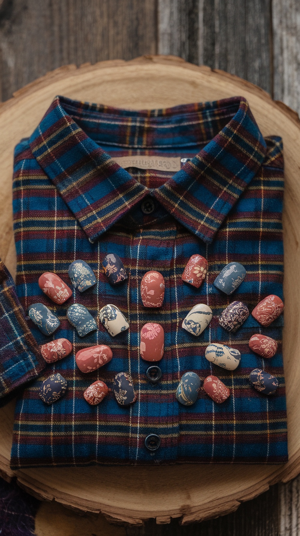 Nail designs inspired by cozy flannel patterns, displayed on a flannel shirt.