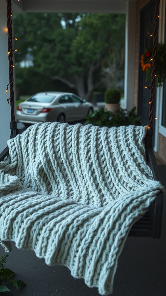 A cozy knit blanket draped over a swing on a porch, surrounded by greenery.