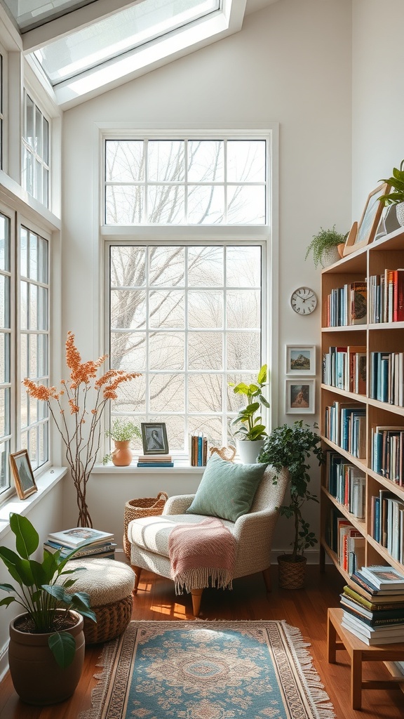 A cozy reading nook in a sunroom with large windows, a comfortable chair, and bookshelves filled with books.