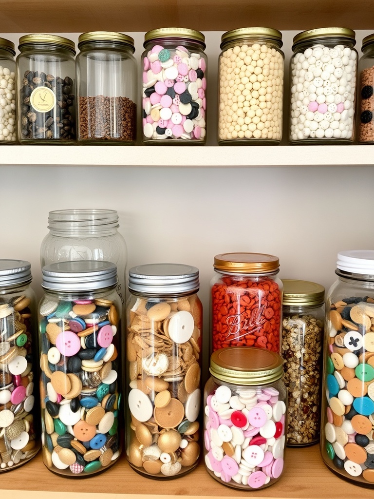 A collection of clear jars filled with colorful buttons and craft supplies on a shelf.