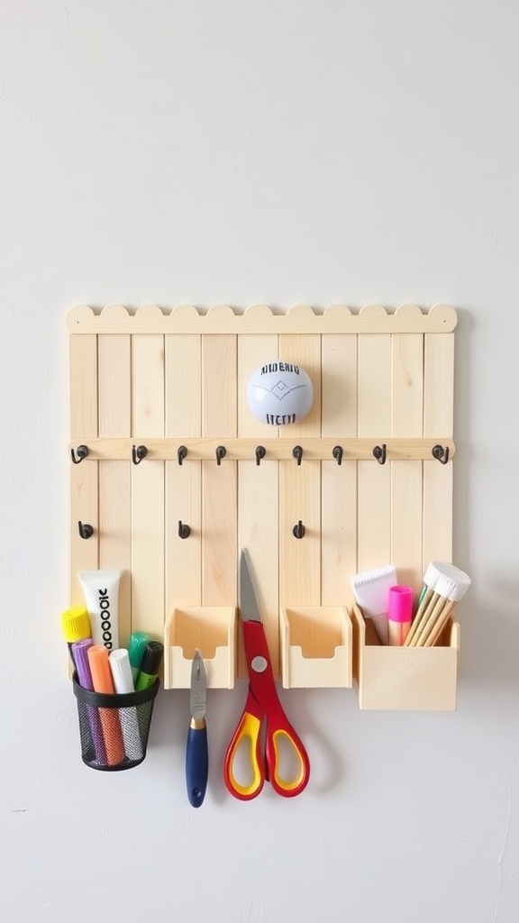 A wall organizer made from popsicle sticks with hooks and containers for organizing supplies.