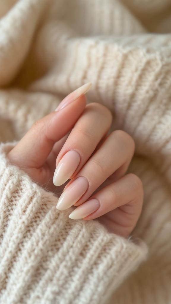 A hand with creamy almond-shaped nails resting on a knitted sweater.