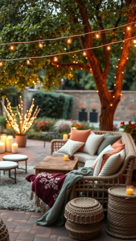 Cozy outdoor seating area with string lights, cushions, and candles