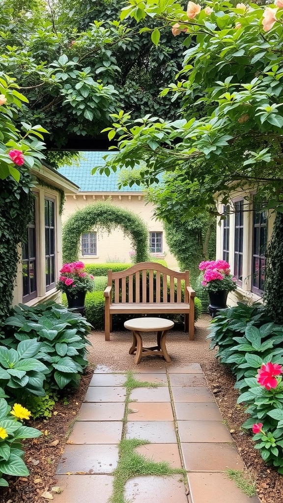 Cozy seating area in a small garden with a wooden bench, small table, and vibrant flowers.
