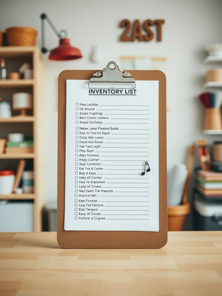 A clipboard with an inventory list for craft supplies, featuring checkboxes and a casual workspace in the background.