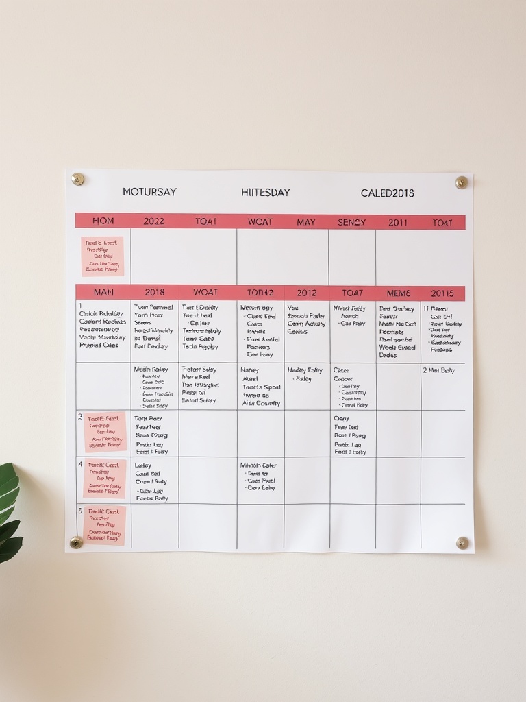 A wall-mounted crafting calendar with monthly sections for organizing projects and events.
