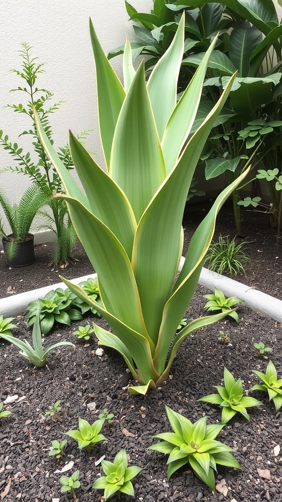 A striking tall plant with spiky leaves surrounded by smaller green plants in a small garden.