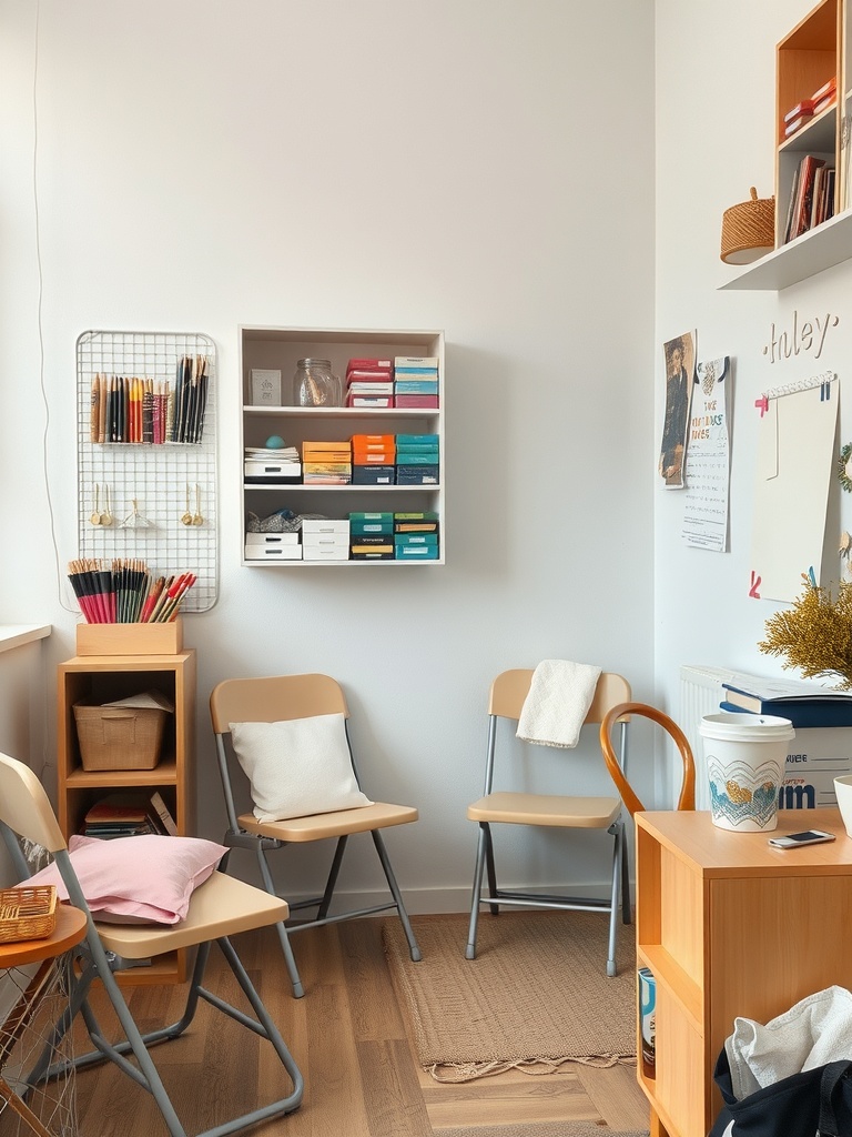 A cozy craft room with folding chairs and organized shelves