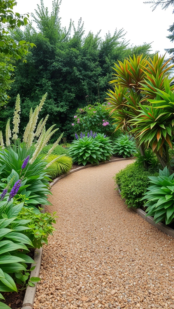 A winding garden path made of gravel, surrounded by vibrant plants and greenery.