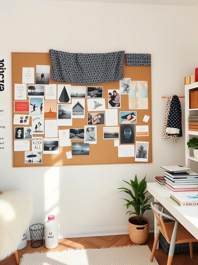 A cozy mood board area with a corkboard filled with images, quotes, and inspirations, alongside a desk and a plant.