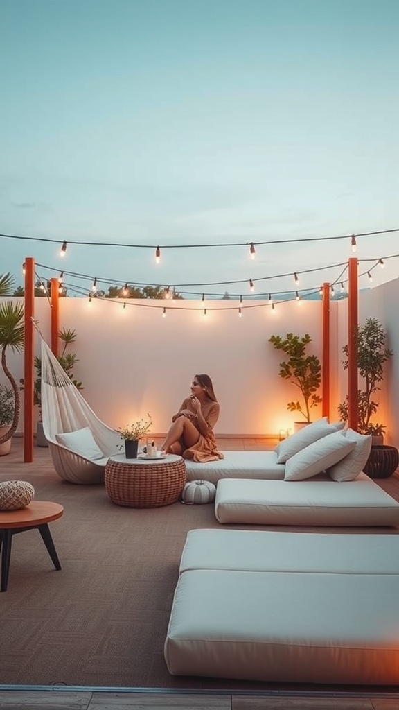 A cozy outdoor relaxation zone with cushions, a hammock, and string lights.