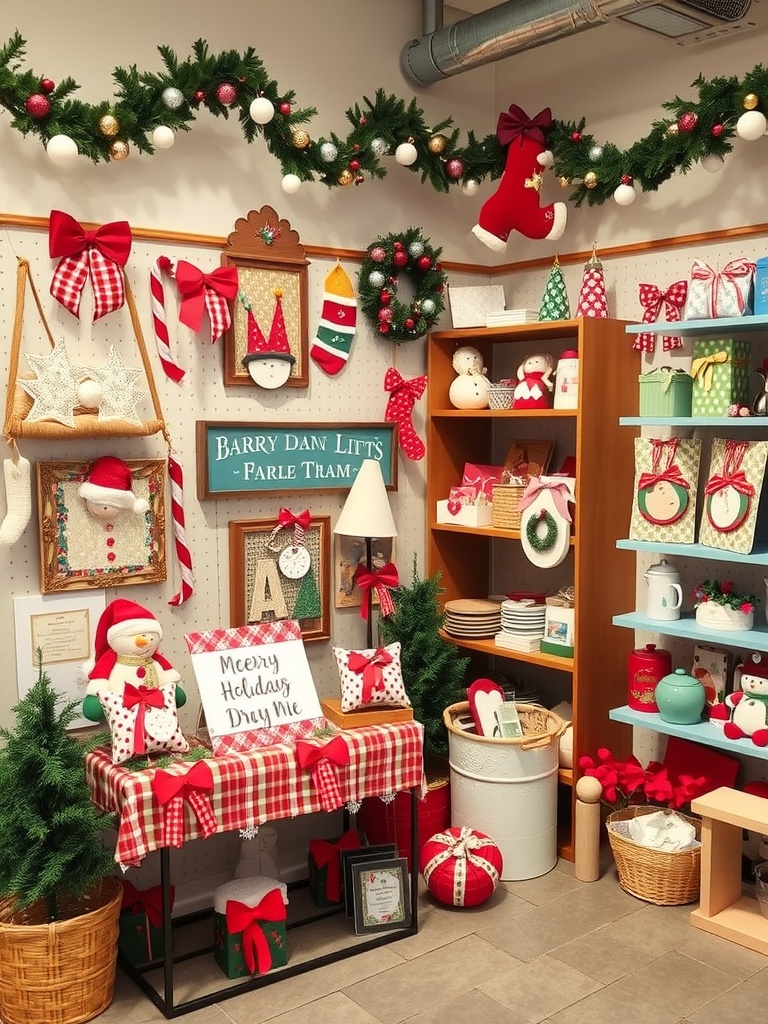 A festive holiday craft room display with decorations, supplies, and a cheerful atmosphere.