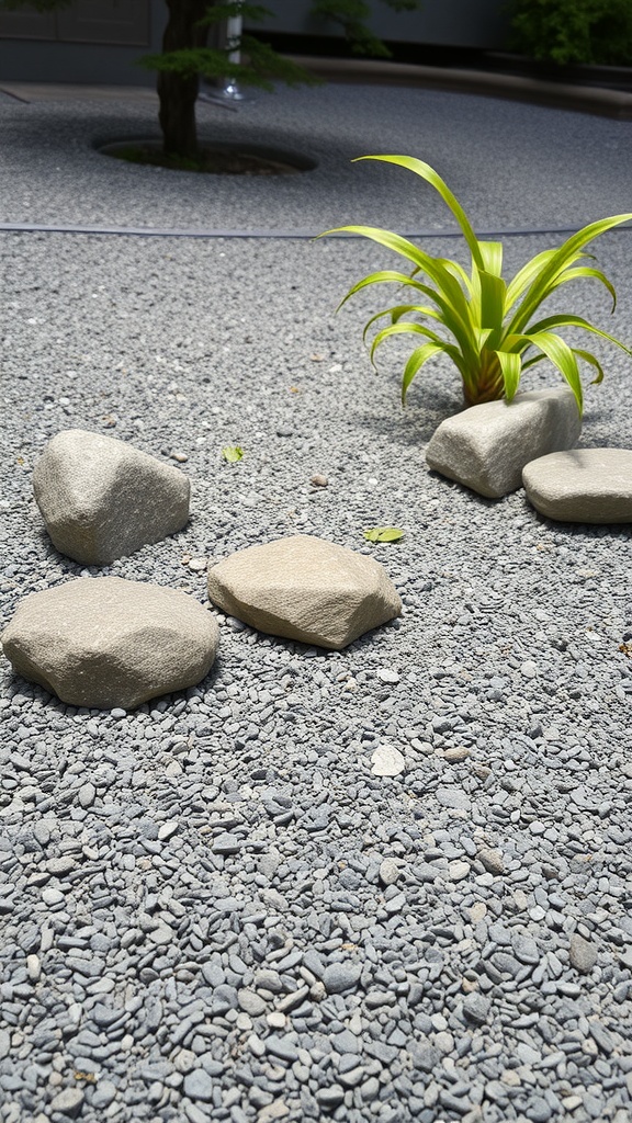 A minimalist Zen garden with smooth stones and a green plant on a gravel surface.