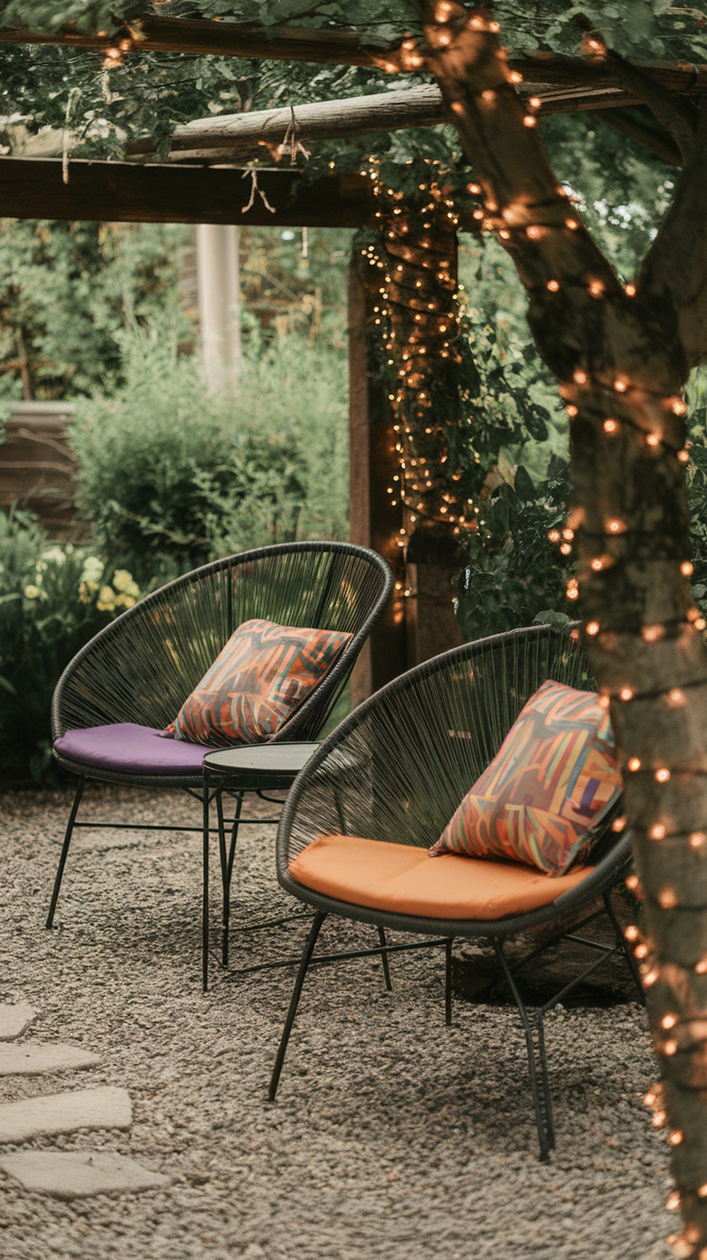 Cozy outdoor seating area with colorful chairs and twinkling lights