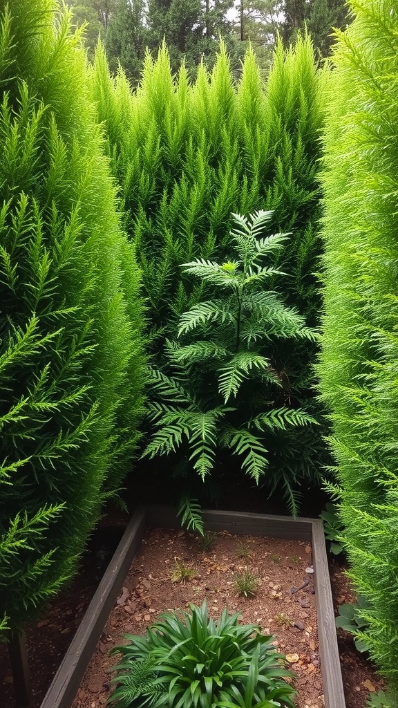 A garden with tall green hedges creating a private space, featuring a smaller plant in the center.