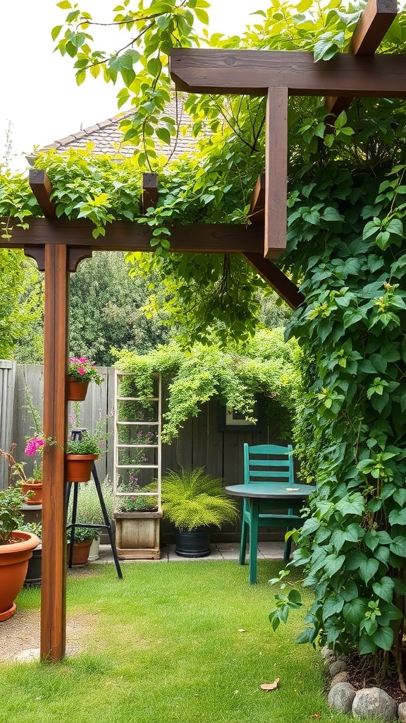 A small garden featuring a wooden pergola covered in green vines, with potted plants and a small table and chairs underneath.