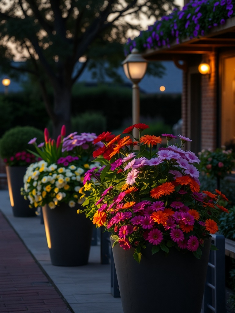Colorful flowers in light-up planters along a pathway during sunset.