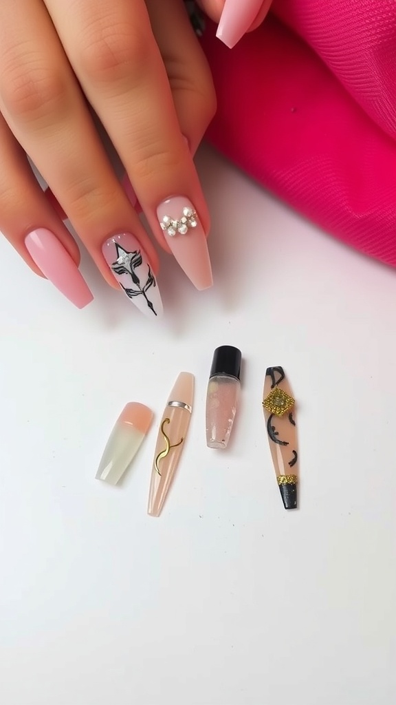A hand with creatively shaped nails featuring various designs and colors.