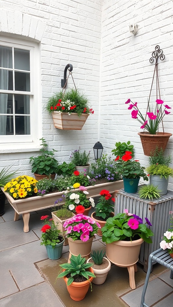 A small outdoor patio with colorful flowers in various planter boxes and hanging pots.