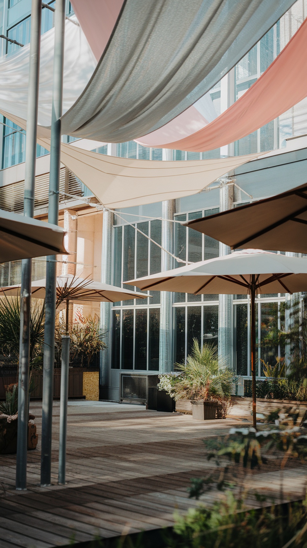 Outdoor party setup with colorful fabric canopies and umbrellas providing shade.