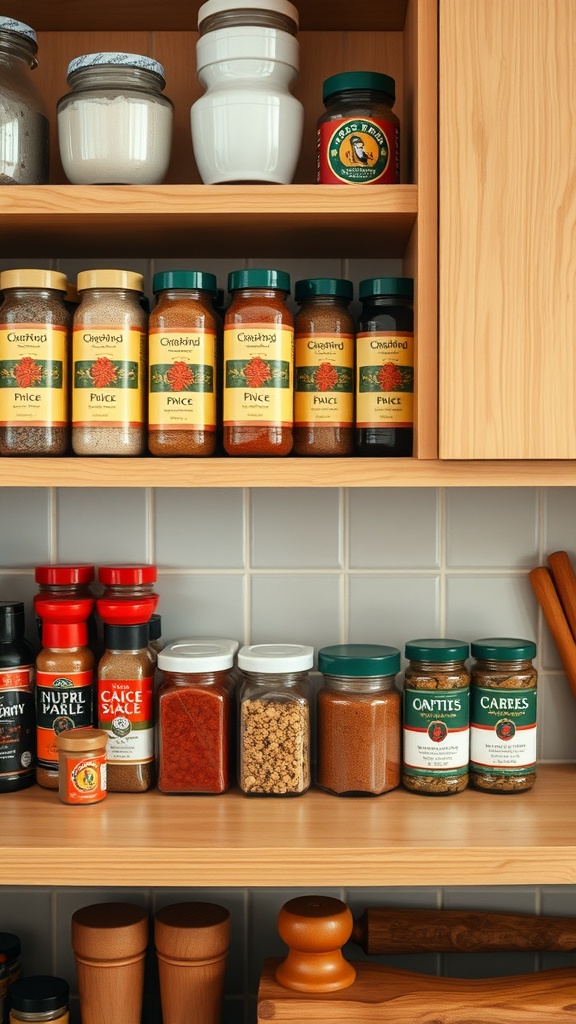 A kitchen shelf displaying various spice jars, organized and labeled, with wooden utensils in the foreground.