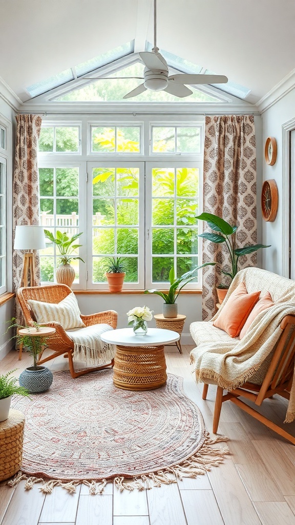 A cozy sunroom with rattan furniture, patterned curtains, and a colorful rug.