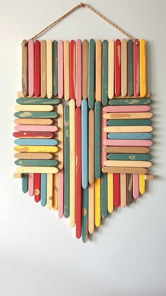 Colorful wall art made from popsicle sticks arranged in a unique pattern.