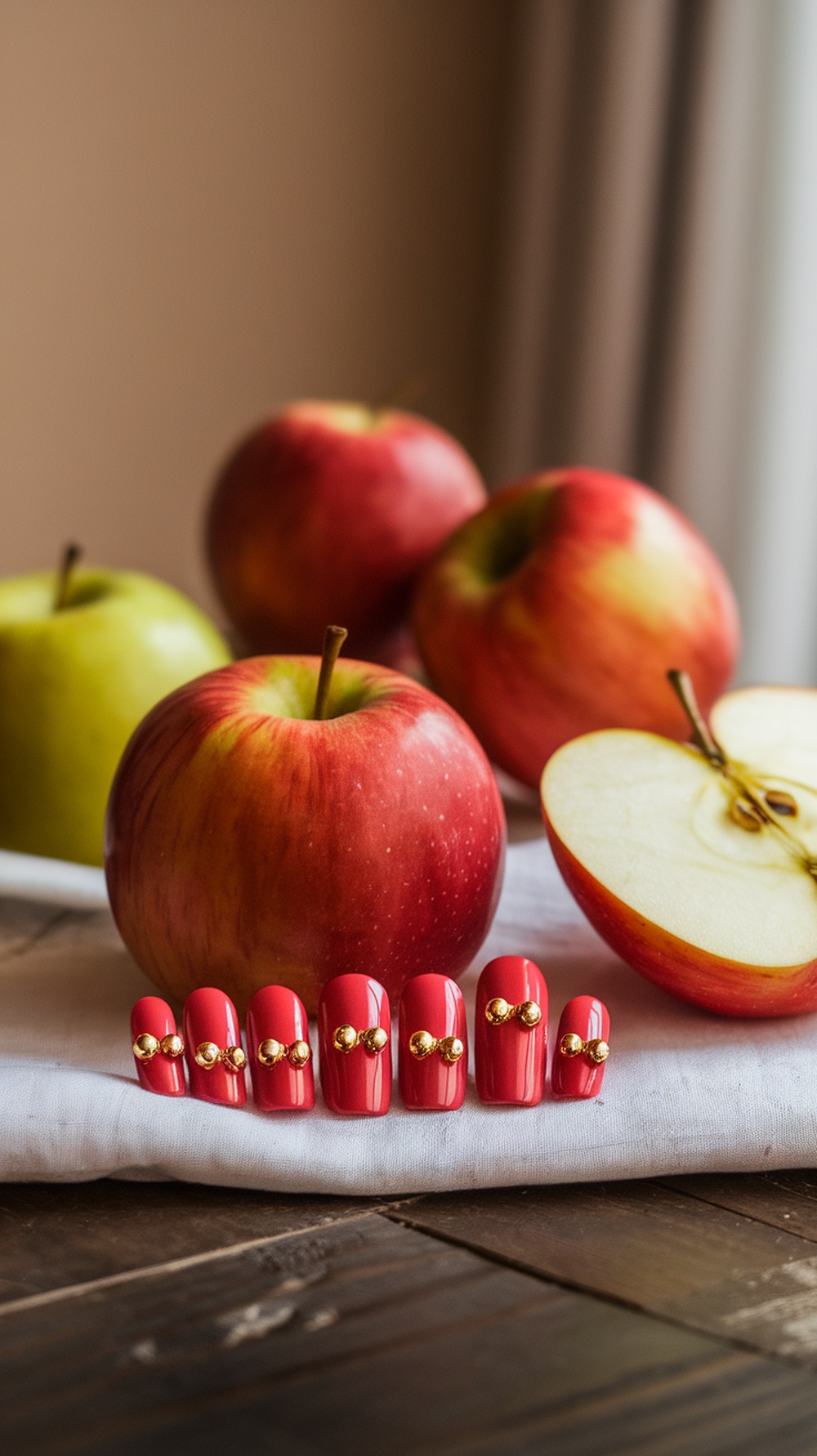 Crisp apple red nails with gold accents next to fresh apples.