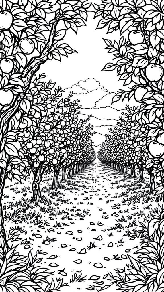 A black and white illustration of an apple orchard with trees full of apples and a path in between.