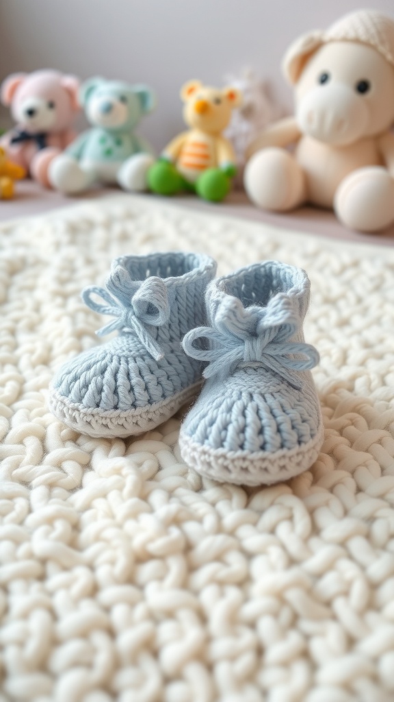 A pair of blue crochet baby booties with bows, placed on a soft white blanket, surrounded by colorful stuffed animals.