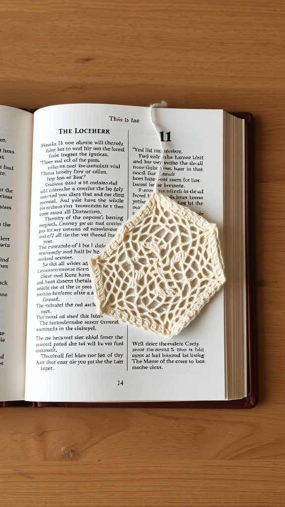 A handmade crochet bookmark on an open book, showcasing a delicate lace pattern.