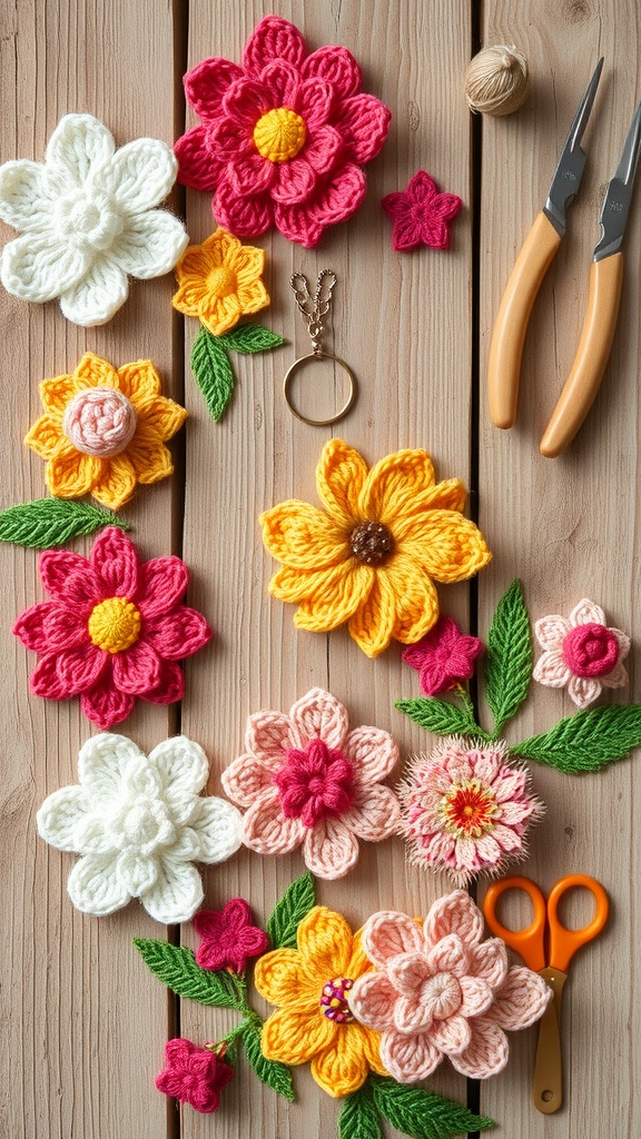 Colorful crochet flowers and leaves arranged on a wooden surface with scissors and a keychain.