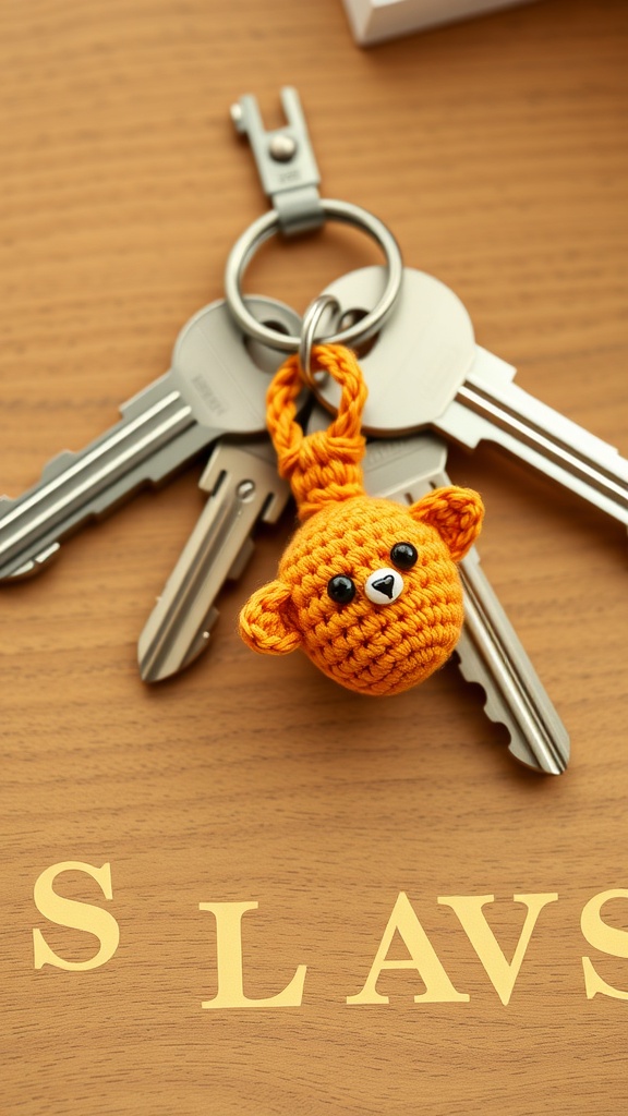 A cute orange crochet bear keychain charm on a set of keys.