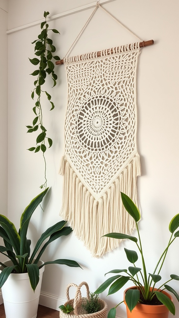 A crochet wall hanging with intricate patterns and fringe, displayed on a wall with plants nearby.