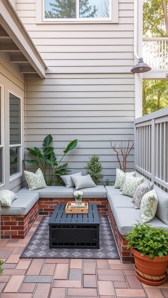 Cozy small outdoor patio with custom built-in seating and plants