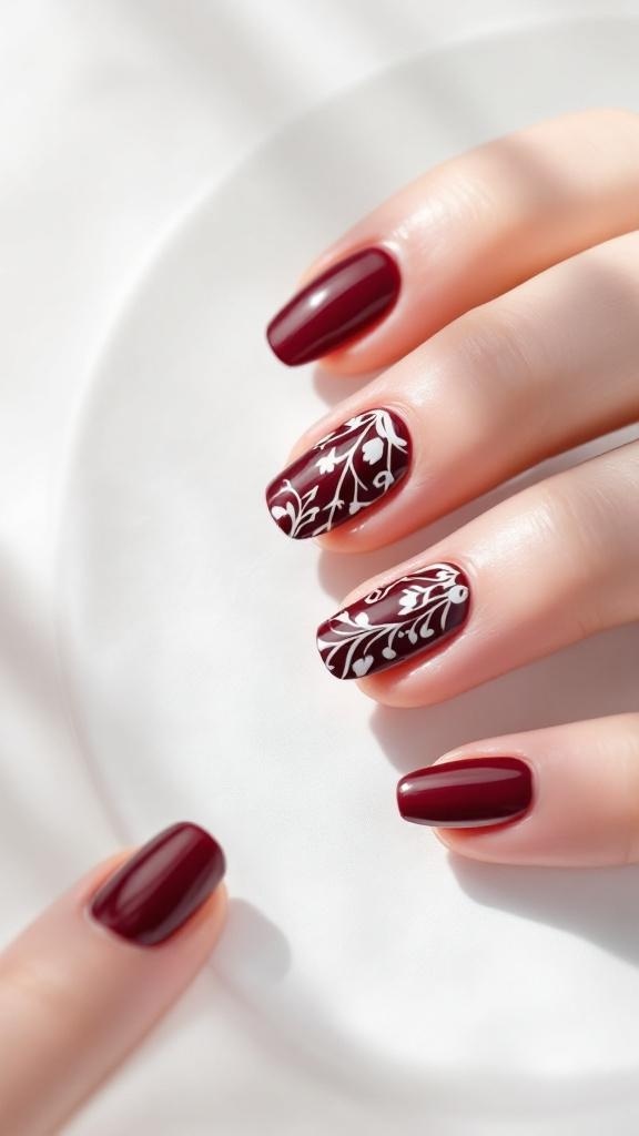 Nails painted dark cherry red with white floral designs