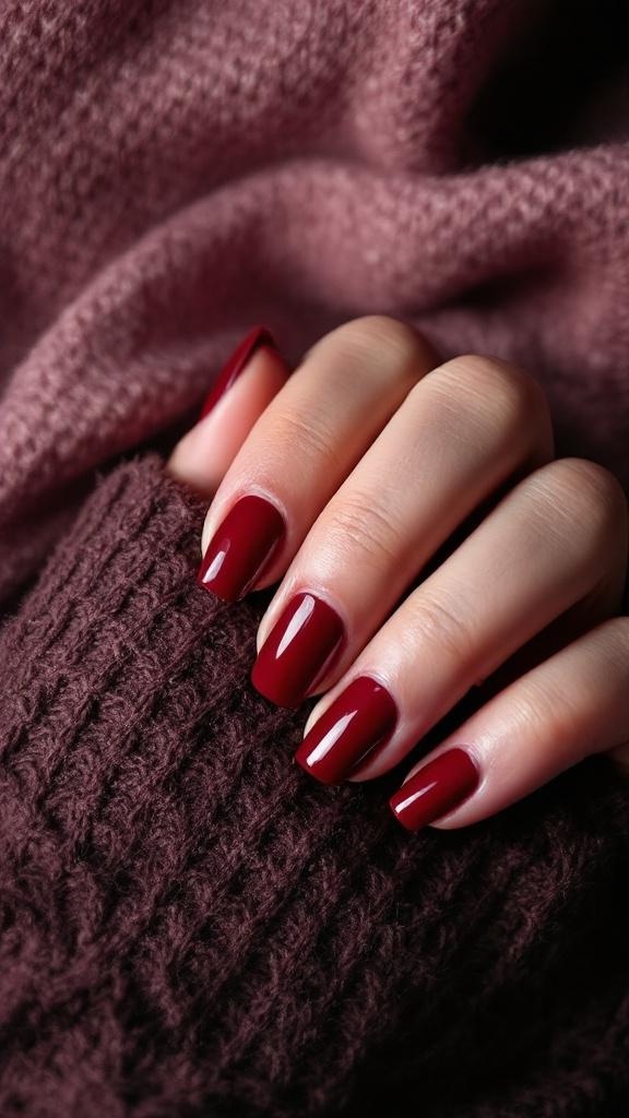 A close-up of manicured dark cherry red nails resting on a cozy knit fabric.