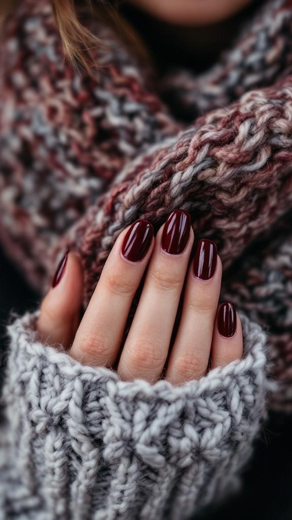 Close-up of short nails painted dark cherry red, with a cozy knitted scarf in the background.