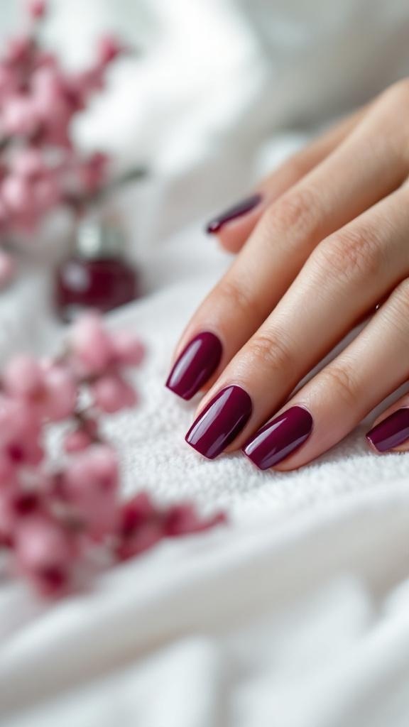 A close-up of dark cherry red nails on a hand, surrounded by pink flowers and nail polish bottles.