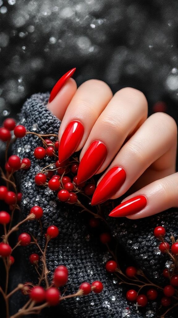 Close-up of dark cherry red nails with a glossy finish, surrounded by red berries and a gray sweater.