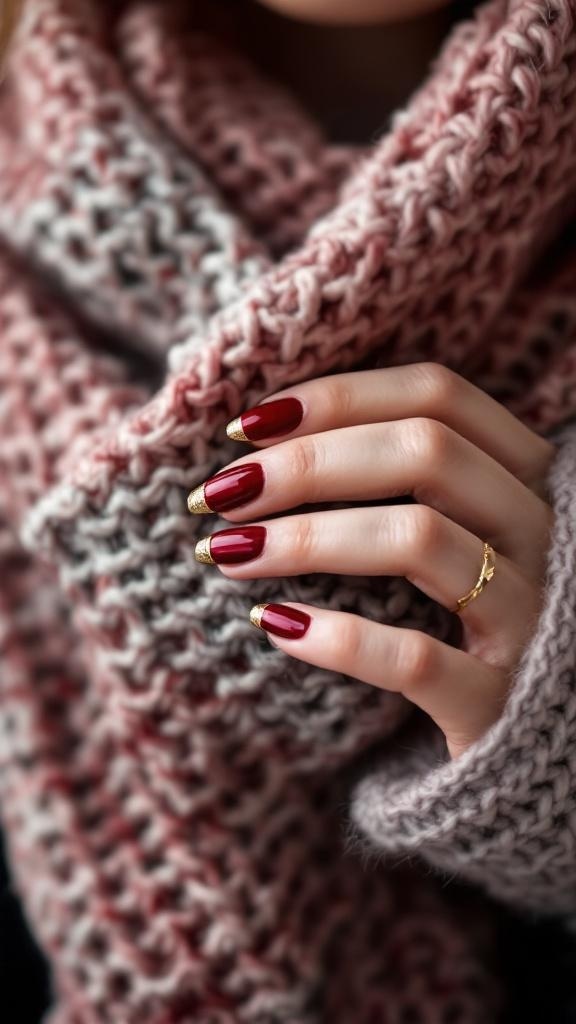 Close-up of dark cherry red nails with metallic gold tips, wrapped in a cozy scarf.