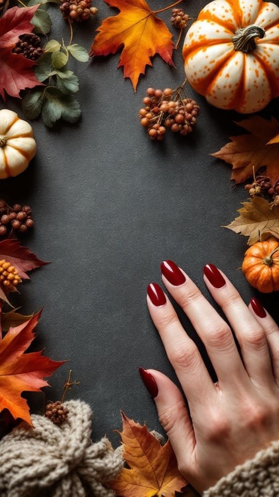 A hand with dark cherry red nails surrounded by autumn leaves and decorative pumpkins.
