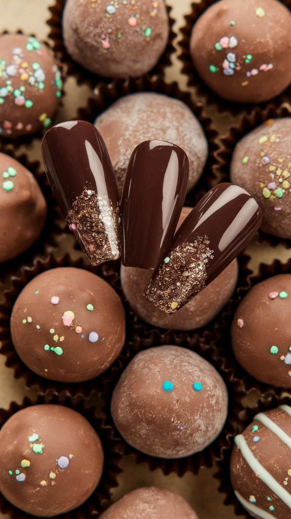 Dark chocolate brown nails with glitter on a background of chocolate truffles.