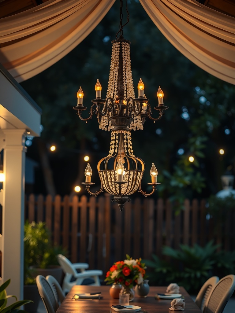 A decorative outdoor chandelier hanging above a dining table, illuminated at night.
