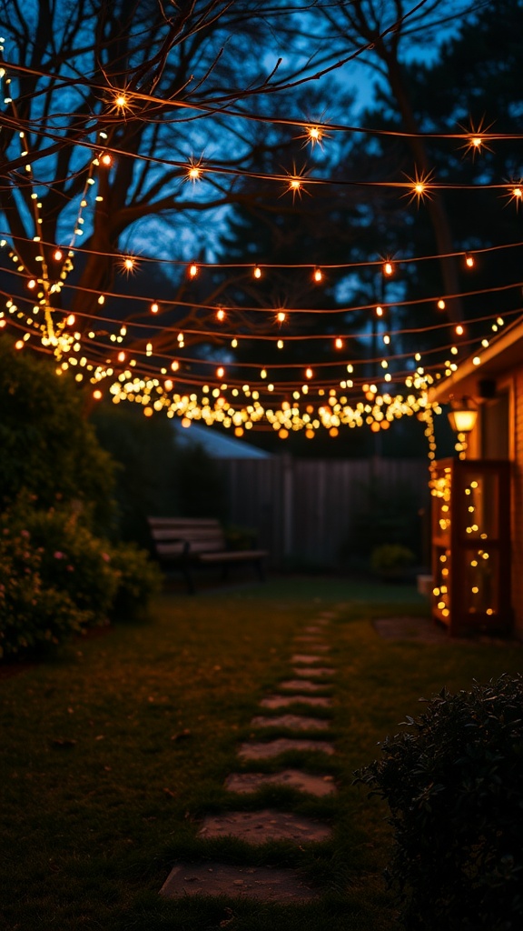 Outdoor space decorated with string lights at dusk