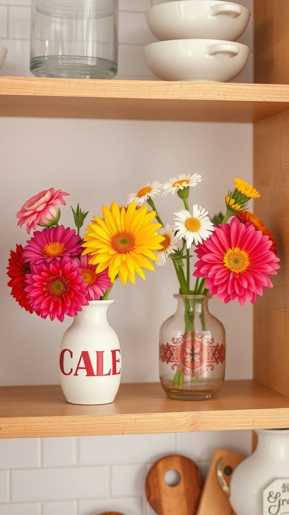 Two decorative vases with fresh flowers on a kitchen shelf