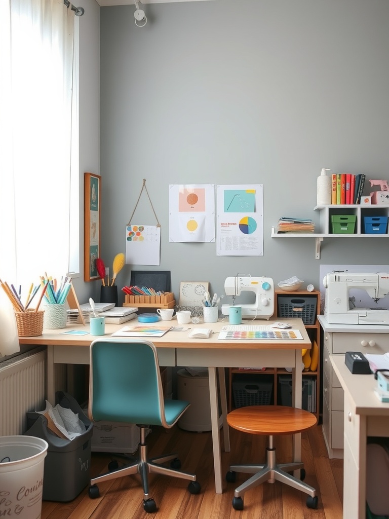 A well-organized craft room with dedicated zones for different activities, featuring a desk for drawing and a sewing machine.