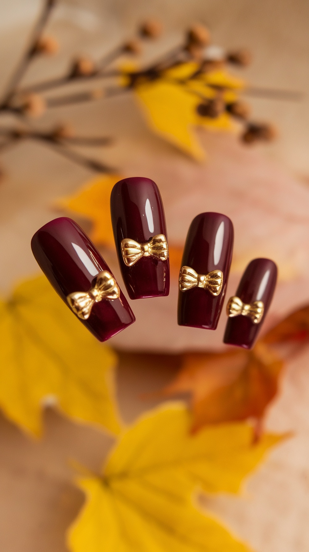 Nails painted in deep burgundy with gold bow accents, surrounded by autumn leaves.