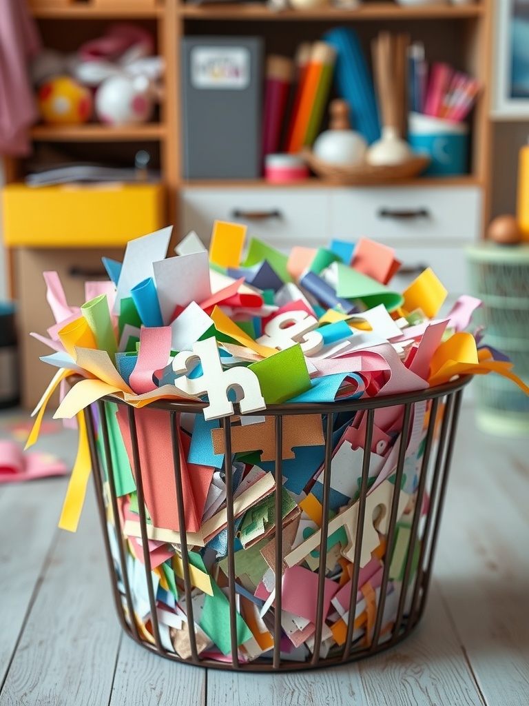 A colorful bin filled with various scraps of paper in a craft room.