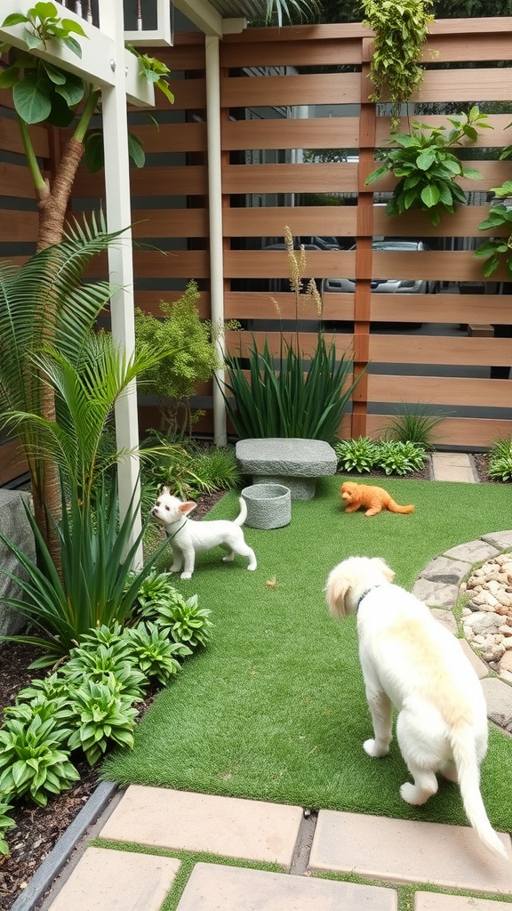 A small garden with two dogs playing on artificial grass surrounded by plants and decorative elements.